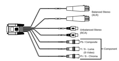 Breakout cable, ki ga vsebuje vsaka Osprey 240 kartica  vsebuje 1x BNC konektor, 1 x 7 pinski S-video konektor,  RCA audio konektor, 3.5 MM stereo konektor